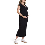 Motherhood Maternity Women's Short Sleeve V-Neck Henley Rib Knit Bodycon Maxi Pregnancy Dress, Black, Small