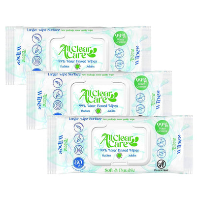 Multiple packages of All Clear Care wipes on a white background