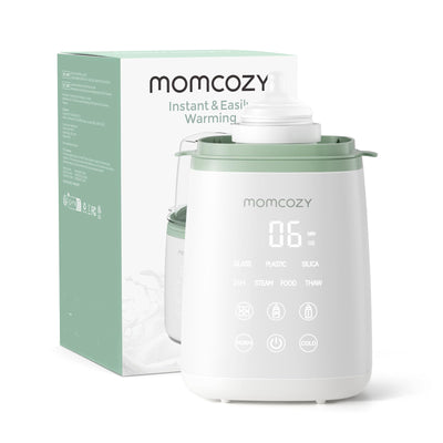 Momcozy baby bottle warmer with packaging on a white background