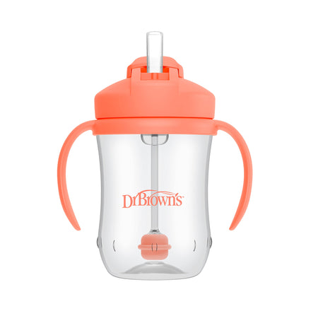 Clear sippy cup with coral lid and handles on a white background