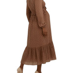 Motherhood Maternity Women's V-Neck Long Puff Sleeve Ruffle Midi Pregnancy Dress, Mocha/Vanilla Dot, Large