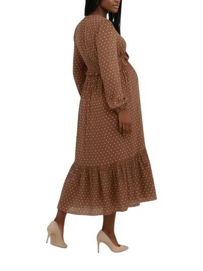 Motherhood Maternity Women's V-Neck Long Puff Sleeve Ruffle Midi Pregnancy Dress, Mocha/Vanilla Dot, Large