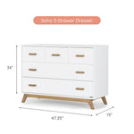 dadada Soho 5-Drawer Dresser for Nursery and Bedroom - Modern Design, Large Storage, Baby-Safe Finish, Soft Close Drawers, Anti-Tip Safety, Sturdy Legs & Solid Wood Handles, 47” Wide (White+Walnut)