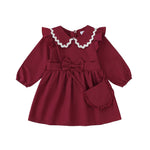 2T 3T Girl Clothes Toddler Girl Peter-Pan Collar Dress Kids Clothes Long Sleeve Ruffle Red Dress Fall Winter Baby Outfit with Cute Crossbody Bag