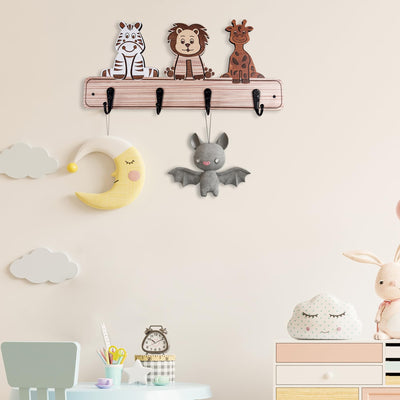 Midrean Kids Toddler Coat Hat Rack -13.7" Long Nursery Wood Colorful Cute Animal Wall Hooks Mount for Kids Room