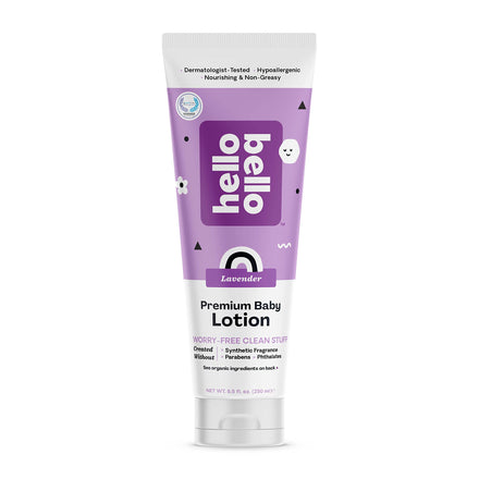 Tube of Hello Bello lavender baby lotion on a white background