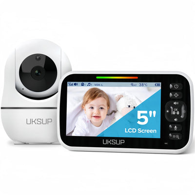 UKSUP baby monitor with 5-inch LCD screen displaying a child's face, on a white background.