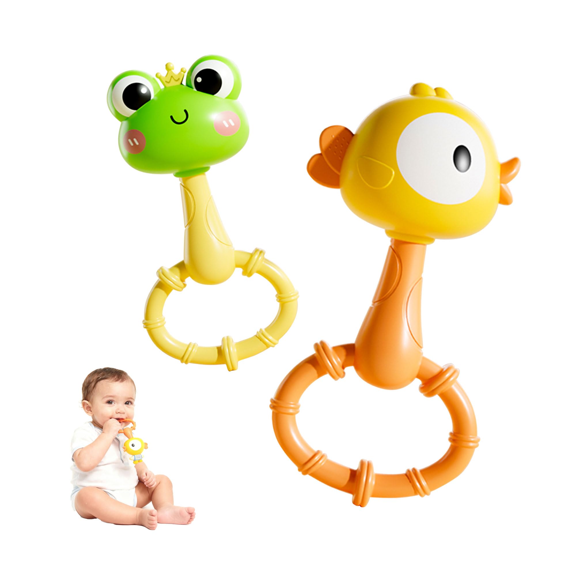 PUPYGOYGE Baby Rattle Teething Toy – Silicone Frog & Chick Handheld Sand Hammer Rattles, BPA-Free, 2-Pack, Ideal for Infants 0-6 Months, Sensory Development Toy