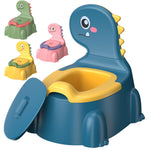 Set of dinosaur-themed potty chairs on a white background