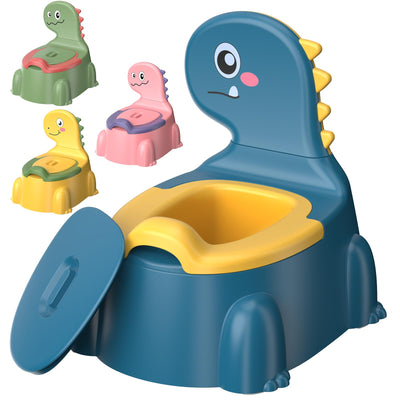 Set of dinosaur-themed potty chairs on a white background