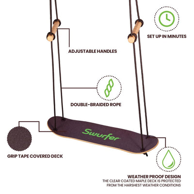 Swurfer TreeSkate Skateboard Swing, Outdoor Stand Up Surf Swing, Holds Up to 200 lbs, Ages 6 and Up, Adjustable Handles, Grip Tape, Kids Outdoor Play Equipment for Children and Adults (Natural),Brown