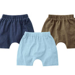 Teach Leanbh Unisex-Baby 3-Pack Cotton Soild Color Short with Drawstring 3-24 Months (6-12 Months, Blue/Sapphire/Brown)