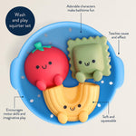 Itzy Ritzy Bath Squirter Toys – Set of 3 Textured, Pasta-Shaped Bath Toys & 1 Sprinkle Strainer – Itzy Splash Pals Promote Sensory Play, Cause & Effect, & Motor Skill Development – 6 Mos & Up (Pasta)
