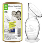 Silicone breast pump with packaging featuring a woman and baby on a white background