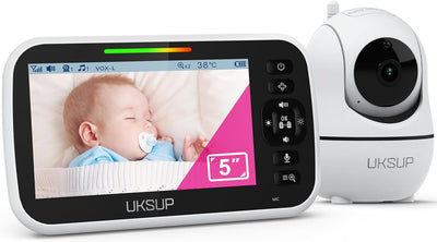 Baby monitor with screen displaying a baby and camera on a white background