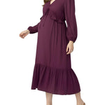 Motherhood Maternity Women's V-Neck Long Puff Sleeve Ruffle Midi Pregnancy Dress, Mauve Wine, Medium
