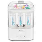 Baby bottle sterilizer with multiple bottles inside on a white background