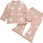 Yccutest Infant Girl Sweater Set 2 Piece Fall Winter Outfit Baby Girl Floral Knit Cardigan Top Flared Pants Toddler Clothes