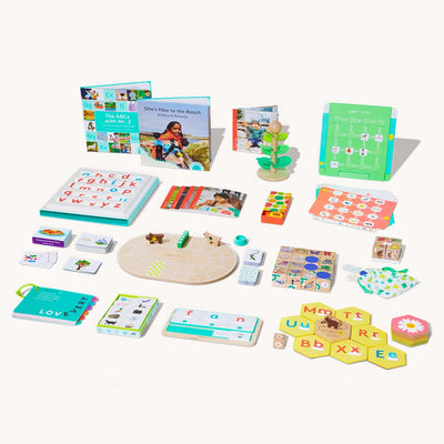 Educational toys and materials for children on a white background