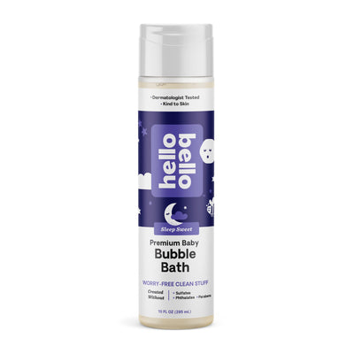 Bottle of 'hello bubble' premium baby bubble bath on a white background