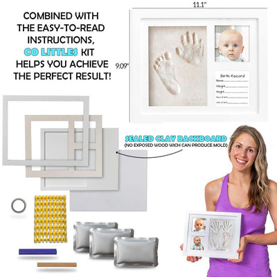 Co Little Baby Handprint & Footprint Kit (Date & Name Stamp) Clay Hand Print Picture Frame for Newborn - Best New Mom Gift - Foot Impression Photo Keepsake for Girl & Boy - White Feet Imprint Mold