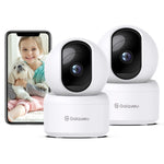 Two white security cameras with a smartphone displaying a child and dog on a white background, featuring the Galayou brand.