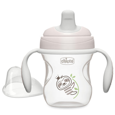 Baby bottle with handles and a sloth design on a white background