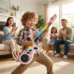 Stringless Guitar, Multi-Functional Electronic Guitar Toy Set, Musical Toy with Music and Lights, Children's Music Trainer, Toddler Instrument, Boys, Preschool Educational Toy Gift (Pink)
