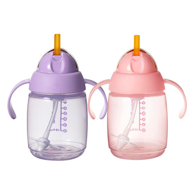 Two children's sippy cups, one purple and one pink, on a white background.