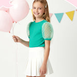 PATPAT Girls Puff Sleeve Top Size 9-10 Ribbed Short Sleeve Green Lace Blouse Girls Green Dress Shirt Cute Kids Clothes Smocked Blouse Cute Tops