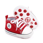 KKIIDDSS Unisex Baby Girls Boys Canvas High-top Shoes, Newborn Infant Anti-Slip Soft Sole Frist Walking Sneakers (A01/Red Rubber Sole,6-12 Months)