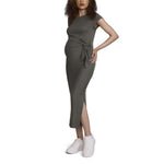 Motherhood Maternity Women's Short Sleeve Crew Neck Side Tie Detail Midi Casual Pregnancy Dress, Thyme, Medium