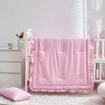 3 Pieces Crib Bedding Set Baby Ruffle Quilted Comforter with Fitted Sheet and Pillowcase - Cute Ruffled Shabby Chic Bedding Soft Blanket Design Pink
