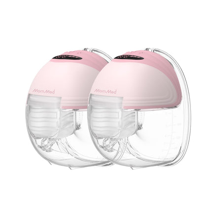 Two pink and clear breast pumps with 'MomMed' branding on a white background