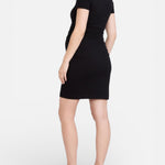 Motherhood Maternity Women's V-Neck Short Sleeve Side Ruched Bodycon Mini Pregnancy Dress, Black, Medium
