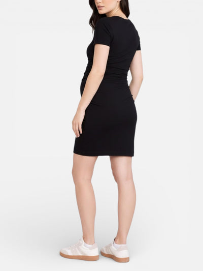 Motherhood Maternity Women's V-Neck Short Sleeve Side Ruched Bodycon Mini Pregnancy Dress, Black, Medium