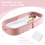 BYBYME Portable Toddler Floor Bed - Waterproof Folding Travel Crib with Washable Fitted Sheet, Ideal Toddler Cots for Sleeping and Sleepovers, Pink