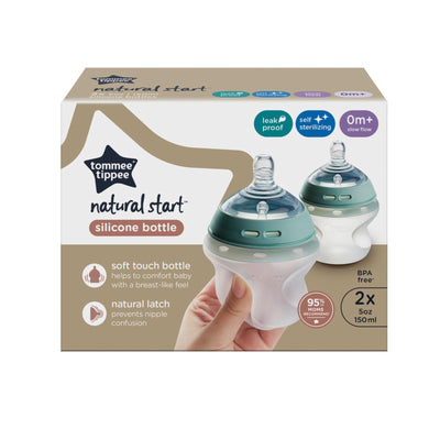 Tommee Tippee Natural Start Anti Colic BPA Free Silicone Baby Bottles, 5oz, Newborn 0+ Months, Silicone Feels Like Mother's Skin, Slow Flow Breast-Like Teat, Pack of 2
