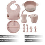 PandaEar Silicone Baby Feeding Set | 9PCS Baby Led Weaning Supplies Self Feeding Utensils | Divided Suction Plate Bowl Bibs Sippy Cup with Baby Snack Container Spoons Forks (Pink)