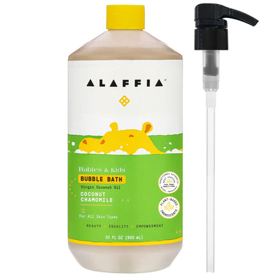 Alaffia bubble bath bottle with pump on a white background