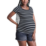 Motherhood Maternity Women’s Square Neck Rib Knit Short Sleeve Pregnancy Top, Black & White Stripe, Medium