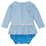 RuffleButts Baby Girls UPF50+ Princess Long Sleeve Bow Skirted One Piece Swimsuit - Crystal Blue Princess, 12-18m