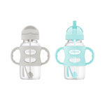 Two baby bottles with handles, one gray and one light blue, on a white background.