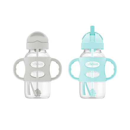 Two baby bottles with handles, one gray and one light blue, on a white background.
