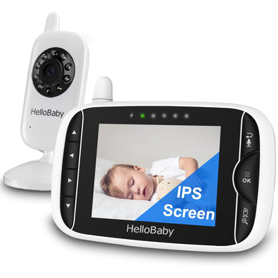 HelloBaby video baby monitor with a display showing a baby and the text 'IPS Screen'.