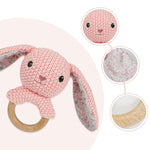 Baby Toys Stuffed Animals Handbell,Rabbit Rattle Toy Wooden Rattle Toys for Baby,Knit Bunny Stuffed Animal Cute Rattle with Teether Ring Newborn Birthday Gifts（Bunny）