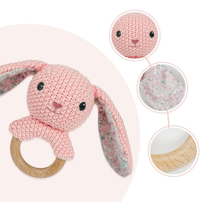 Baby Toys Stuffed Animals Handbell,Rabbit Rattle Toy Wooden Rattle Toys for Baby,Knit Bunny Stuffed Animal Cute Rattle with Teether Ring Newborn Birthday Gifts（Bunny）