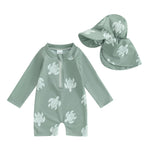 Summffie Toddler Baby Boy Rash Guard Swimsuit Long Sleeve Zipper One Piece Bathing Suit with Hat Infant Beach Swimwear (Sea Turtle Green, 3-6 Months)
