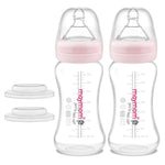 Two baby bottles with pink caps and clear bodies on a white background, featuring the Maymom brand.