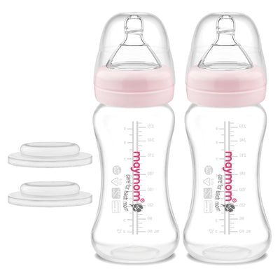 Two baby bottles with pink caps and clear bodies on a white background, featuring the Maymom brand.